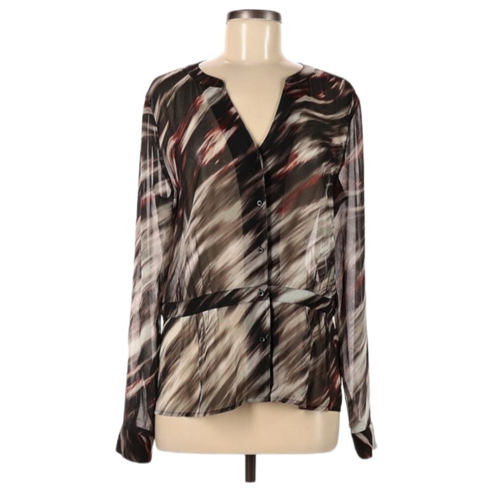 Hinge Blouse Womens Size M Pleated‎ Peplum Neutral Black Brown Fairygrunge